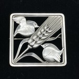 Georg Jensen #250 Sterling Silver Denmark Square Brooch Pin Birds Wheat
